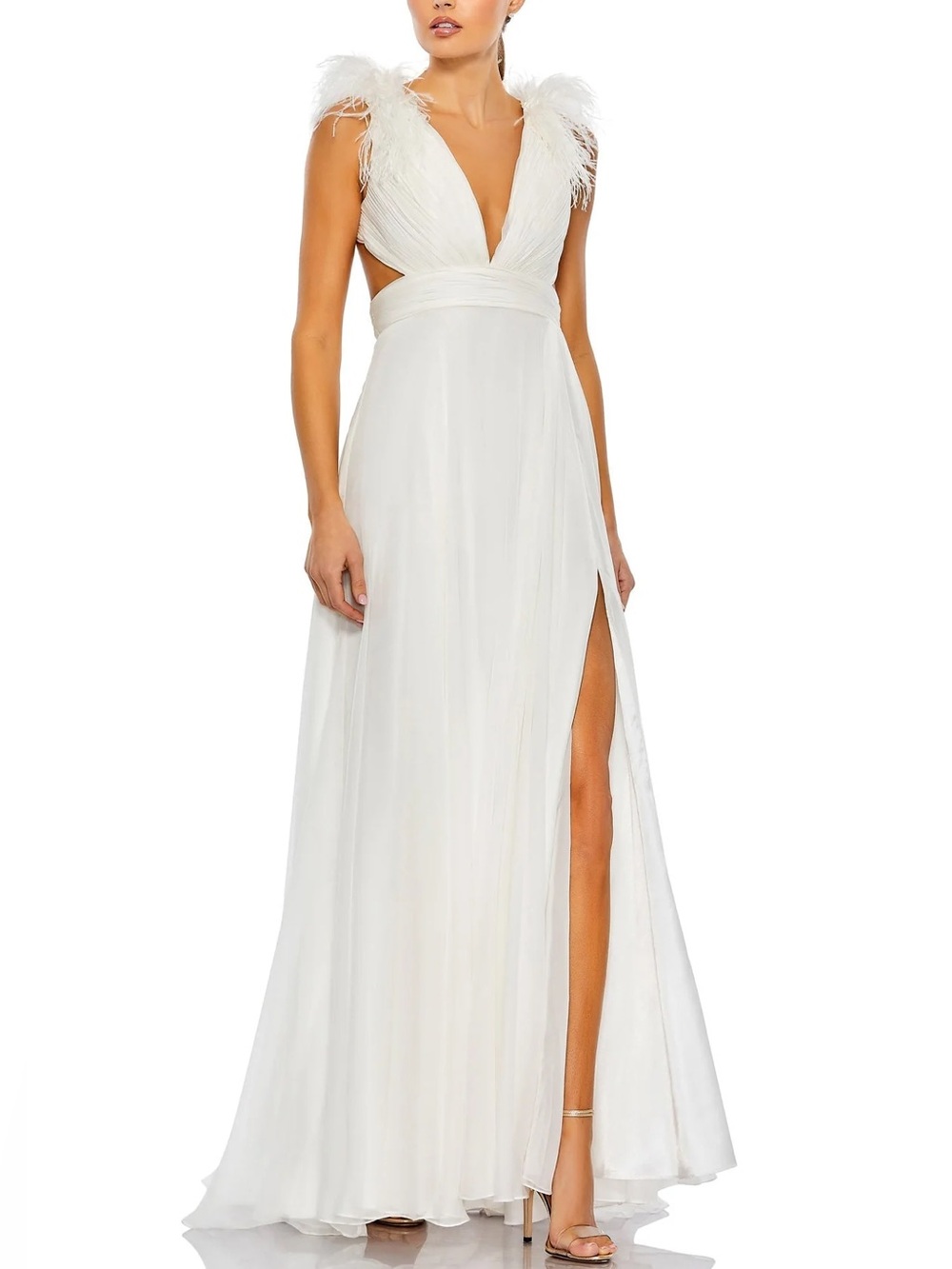 Mac Duggal White Feather-Trim Plunge V-Neck Gown. 68113. Size 6. NWT. Callout